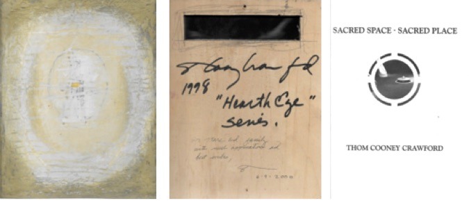 Thom Cooney Crawford, peinture sur bois, 1998, 38 x 24cm. Coll. M. A.-L. A gauche, recto, au centre, verso. A droite, catalogue de T.C.C. intitulé « Espace sacré -Lieu sacré ».